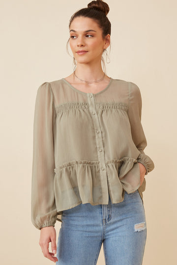 HK1219W Salmon Plus Button up Ruffle Detailed Textured Chiffon Shirt Front